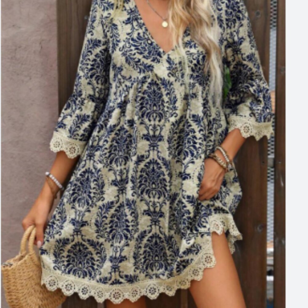 V-Neck Allover Print Patchwork Mid-Sleeve Short Casual Dress, Vacation XL NWOT